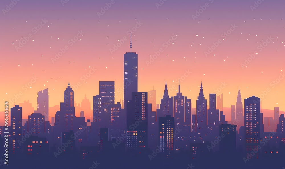 city skyline at dusk, with edifices rendered in shades of navy and charcoal against a sky of twilight hues, Generative AI city skyline at dusk, with edifices rendered in shades of navy and charcoal against a sky of twilight hues, Generative AI