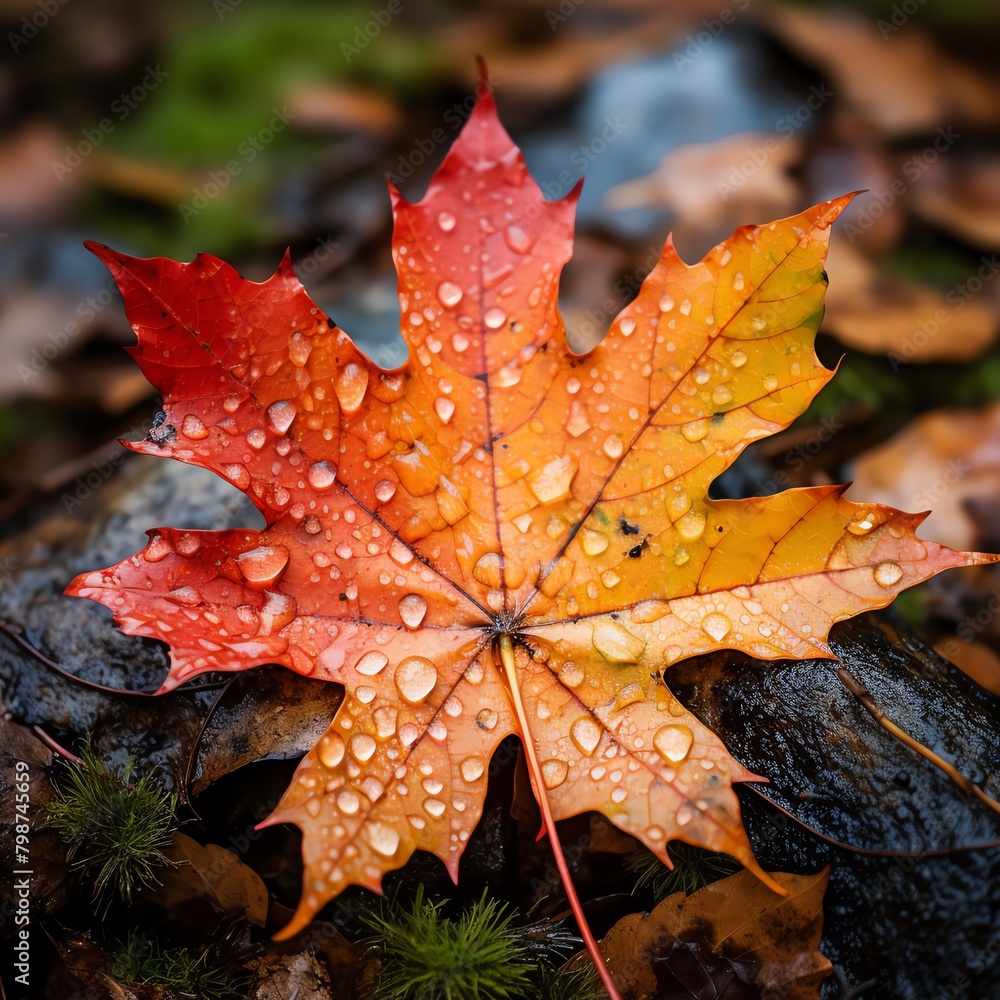 Closeup of a rainsoaked maple leaf on a mossy ground, highlighting the rich textures and colors of the fall season Closeup of a rainsoaked maple leaf on a mossy ground, highlighting the rich textures and colors of the fall season