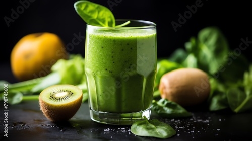 Closeup of a glass of green smoothie, surrounded by spinach leaves, kiwi, and apples, perfect for a refreshing and healthy lifestyle desktop background