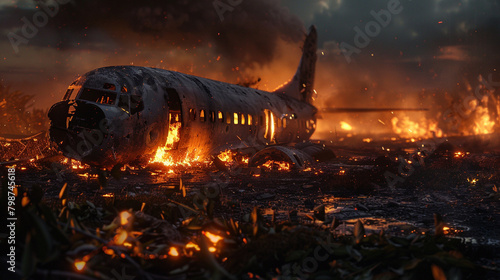 Aftermath of an airfield tragedy, with the urgent glow of a burning wreckage photo