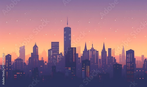 city skyline at dusk, with edifices rendered in shades of navy and charcoal against a sky of twilight hues, Generative AI