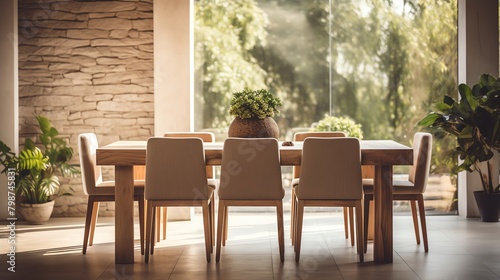 Elegant wooden dining table set against large windows with natural light  perfect for a lifestyle product mockup in a home environment