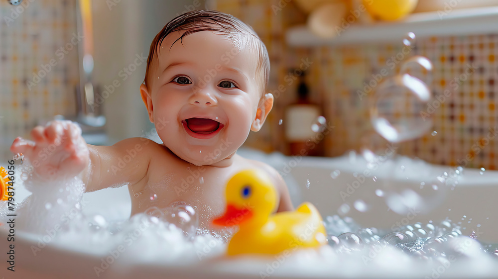 baby bathes in a bath with a duck. Selective focus. baby bathes in a bath with a duck. Selective focus.