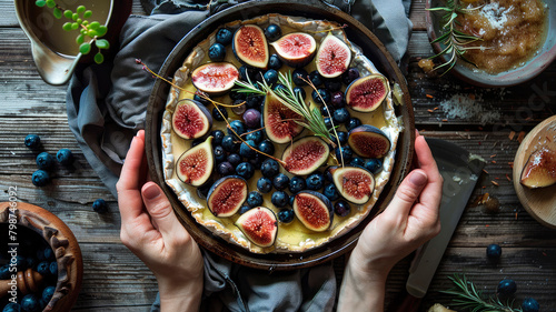 Camembert baked with figs and blueberries. Selective focus.