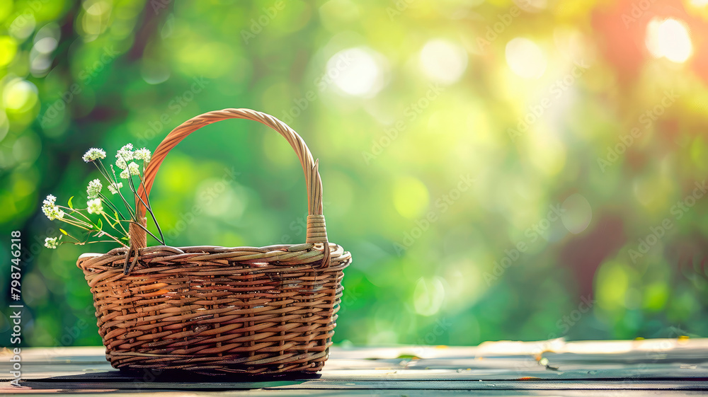 wicker basket on the background of the garden. Selective focus. wicker basket on the background of the garden. Selective focus.