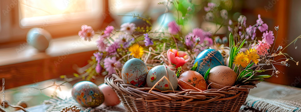 Beautiful Easter basket with treats. Selective focus.