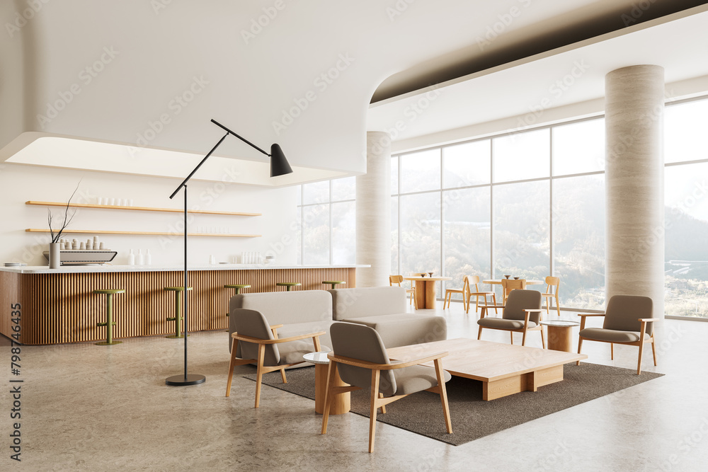 Beige restaurant interior with relax zone, bar counter and dining tables, window Beige restaurant interior with relax zone, bar counter and dining tables, window