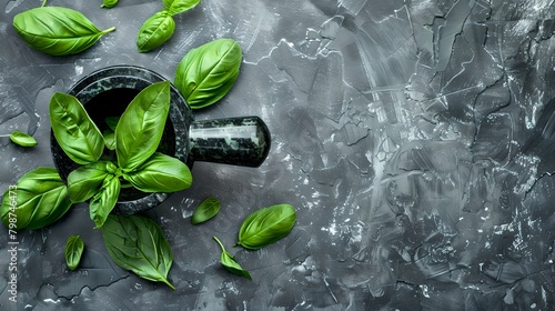 Fresh green basil leaves in a marble mortar on a dark textured background. Culinary herbs and spices for cooking. Natural, organic produce. AI