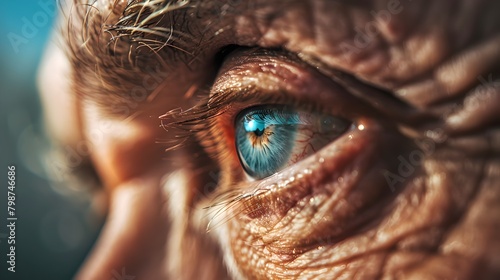 Close-up of an eye reflecting wisdom and time. Detailed capture of aged skin. Insightful image for thoughtful concepts. AI photo