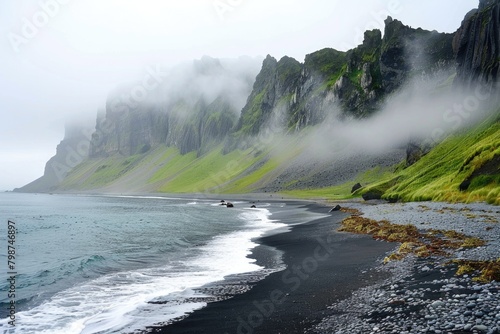 Beach Mountains. Stunning Scenery of Foggy Mountains and Sea Landscape