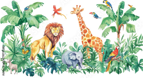 A watercolor illustration of A lively scene with various animals like lions photo