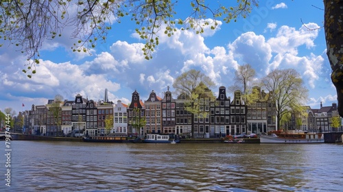 European City. Iconic Amsterdam Landmark - Dancing Houses Along River Amstel photo