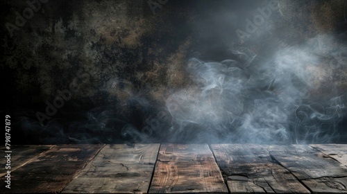 Background Fitness. Vintage Wooden Desk Tabletop with Dark Empty Floor and Smoky Atmosphere