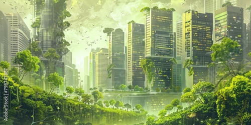 Urban Illustration. Sustainable Green City Landscape with Renewable Energy