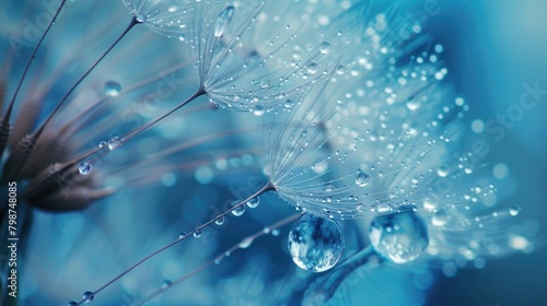 Strange Nature. Calmness Concept of Dew Drops on Dandelion Seeds in Green Summer Background photo