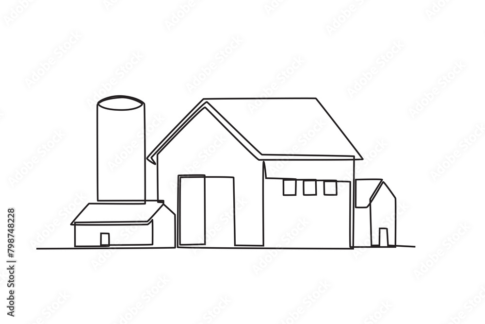 Fototapeta premium Single continuous line drawing of the Farm shed. Successful farming minimalism concept. Dynamic one line draw graphic design vector illustration. 