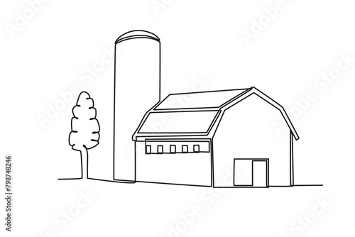 Single continuous line drawing of the Farm shed. Successful farming minimalism concept. Dynamic one line draw graphic design vector illustration.
 photo