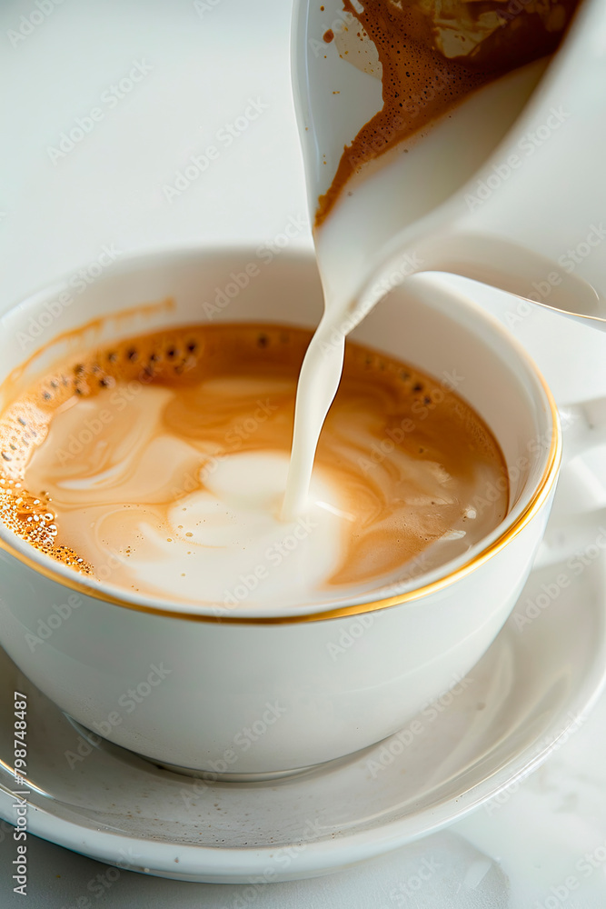 pour milk into a cup of coffee. Selective focus. pour milk into a cup of coffee. Selective focus.