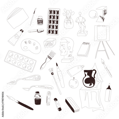 A set of primitive objects depicted in dark lines on a white background, relating to art school, drawing and creativity. 