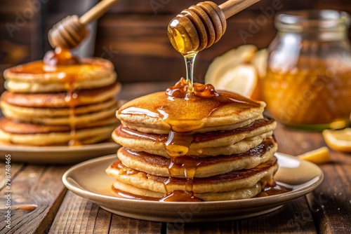 Glistening Honey on Breakfast: A close-up view of golden honey drizzling over breakfast items like pancakes, waffles, or oatmeal, conveying sweetness and indulgence.
