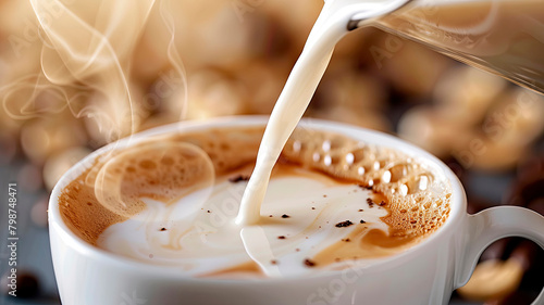 pour milk into a cup of coffee. Selective focus. photo