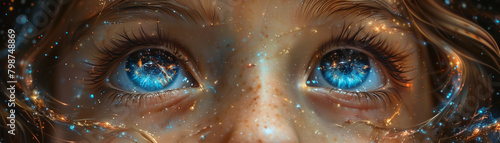 A child with oversized, cartoonlike eyes surrounded by a swirling galaxy of colors ,hyper realistic, low noise, low texture photo
