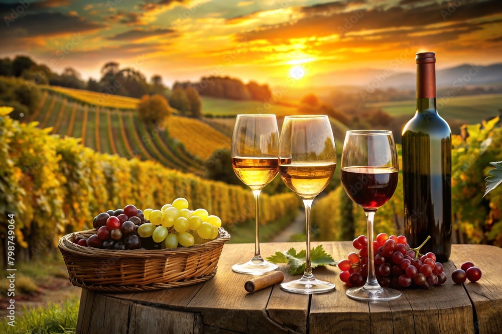 Wine and Vineyards: A picturesque photograph of vineyards, wine bottles, or wine glasses, capturing the romance and sophistication of wine culture and viticulture.
