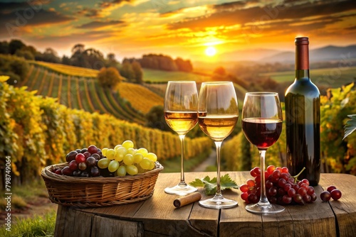 Wine and Vineyards: A picturesque photograph of vineyards, wine bottles, or wine glasses, capturing the romance and sophistication of wine culture and viticulture. 