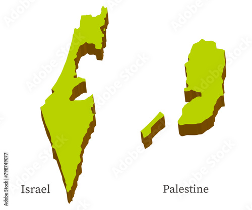 イスラエルとパレスチナの立体的な地図のセット、アイコン