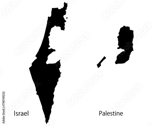 イスラエルとパレスチナの地図のセット、シルエット