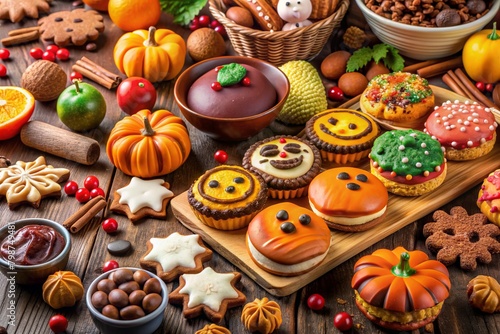 Holiday and Seasonal Treats: A festive image featuring seasonal treats and holiday-themed desserts, such as Christmas cookies, Halloween candies, or Easter chocolates, to evoke seasonal cheer and cele