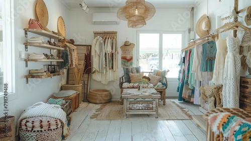 A boho chic fashion boutique in a beach town, where vacationers can find unique, breezy outfits photo
