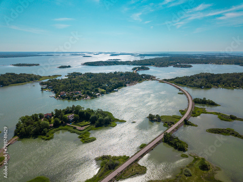 Areal view of a narrow road in the middle of the sea. Åland island, Finnish archipelago
