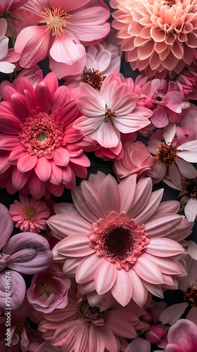 A vibrant assortment of pink and coral blooms creates a lush floral backdrop for any design project. 