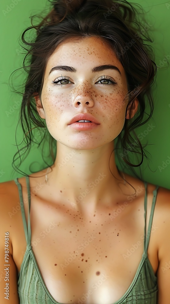 Portrait of a young woman with freckles looking at the camera against a green background Portrait of a young woman with freckles looking at the camera against a green background