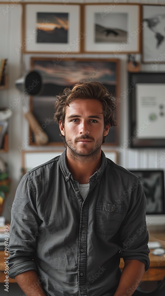 A confident young man with a slight smile stands in a room adorned with framed artwork, exuding creativity and professionalism. A confident young man with a slight smile stands in a room adorned with framed artwork, exuding creativity and professionalism.