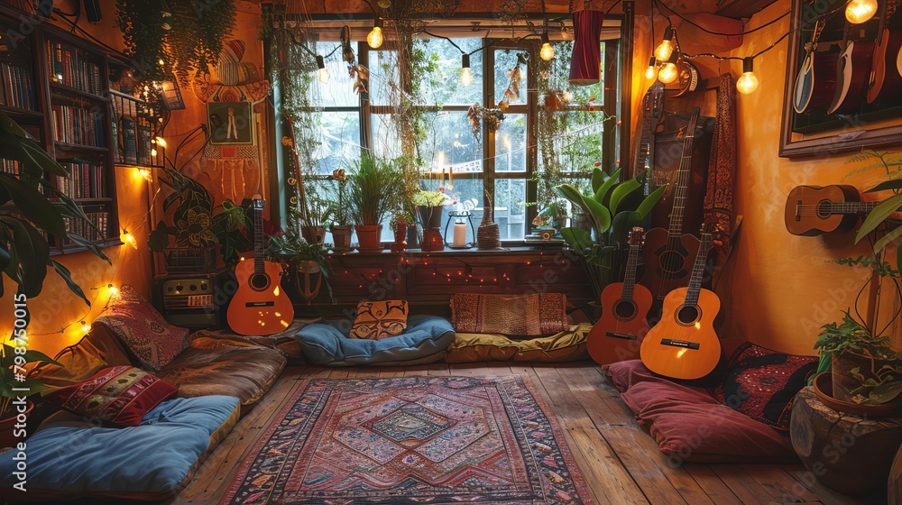 A cozy corner in a boho hostel, with floor cushions, string lights, and community guitars