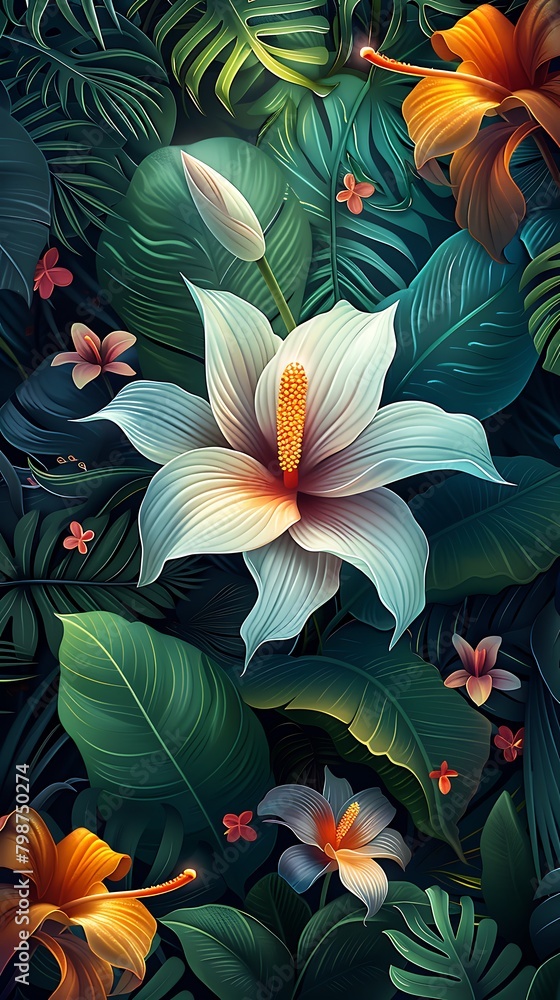 Vibrant digital illustration of exotic flowers and lush tropical foliage on a dark background for a striking visual effect. 