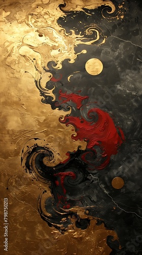 Abstract golden and black swirls with a hint of red resembling an elegant artistic expression on a vertical canvas, perfect for contemporary decor themes. 