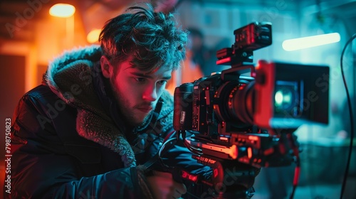 A behind-the-scenes shot of a cinematographer adjusting lighting equipment to achieve the perfect shot