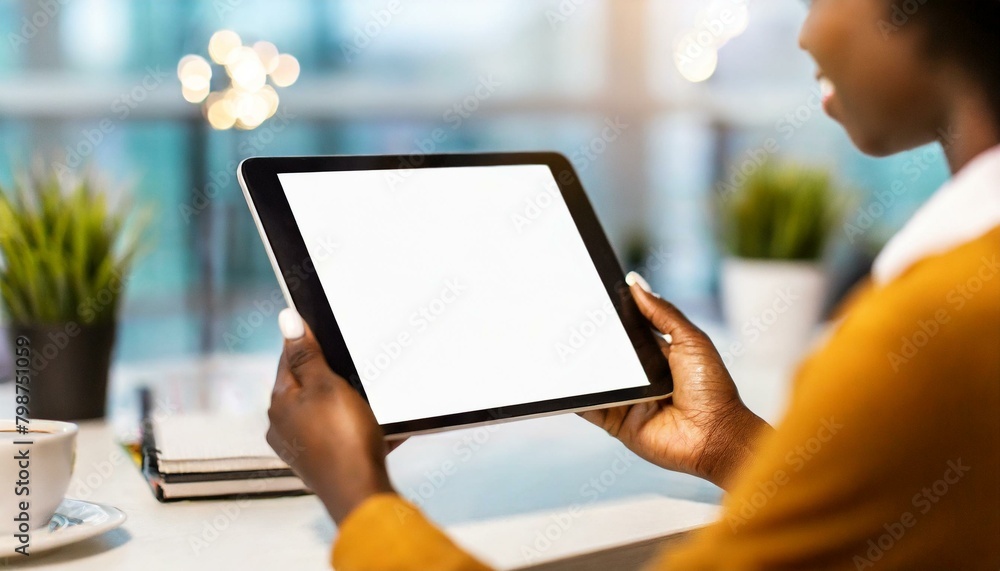 Tablet held by Woman in an Office - Mockup for Application or Web Design - Template for Presentation of Graphic Design - Corporate Representation at Consumers Tablet held by Woman in an Office - Mockup for Application or Web Design - Template for Presentation of Graphic Design - Corporate Representation at Consumers
