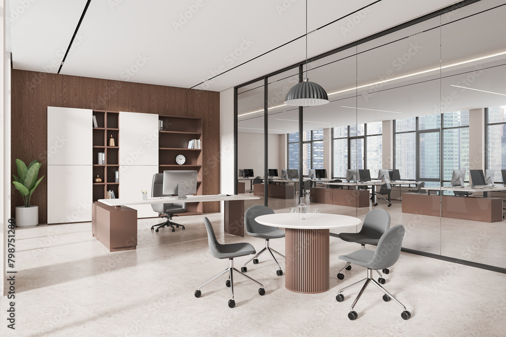 Cozy office interior with consulting and coworking space, panoramic window Cozy office interior with consulting and coworking space, panoramic window