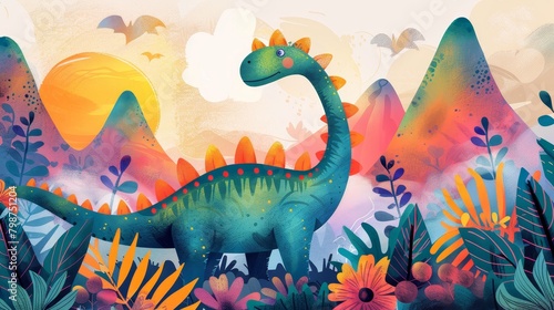Fototapeta Naklejka Na Ścianę i Meble -  A children's book illustration of a friendly dinosaur frolicking among a colorful prehistoric landscape