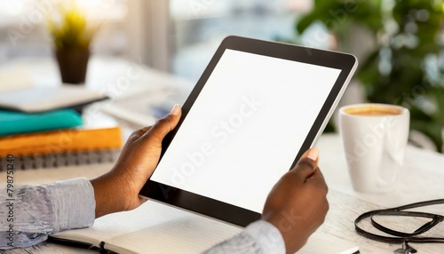 Tablet held by Woman in an Office - Mockup for Application or Web Design - Template for Presentation of Graphic Design - Corporate Representation at Consumers