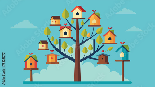 A lone tree displaying multiple birdhouses each one representing a different period in American history serving as a reminder of the countrys journey. Vector illustration