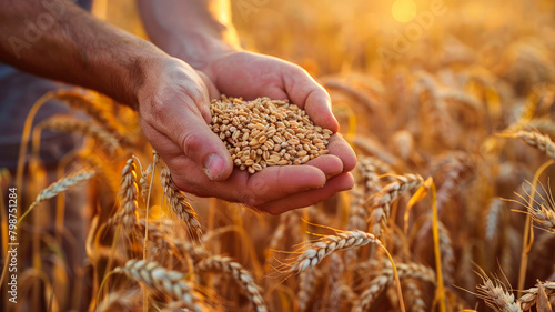 wheat in the hands of a farmer in the field. Selective focus. © yanadjan