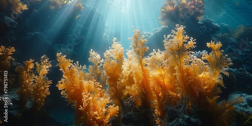 Beneath the clear blue ocean, sunlight pierces through to illuminate seaweed and marine life. © Iryna
