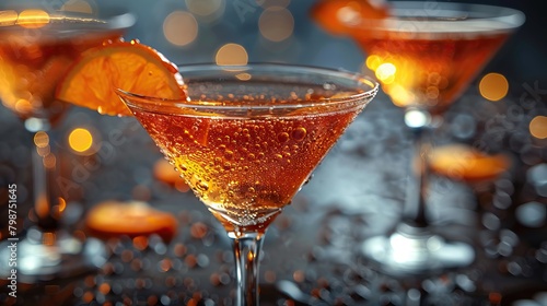 Orange cocktail with orange slice in glass on dark background with blurred lights and water drops.