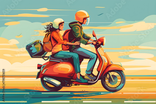 Young couple exploring the world by a motorbike © Pixdigit