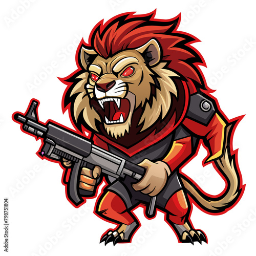 Generate a hair-raising sticker design depicting a lion equipped with a gun, instilling a sense of horror and foreboding in the viewer